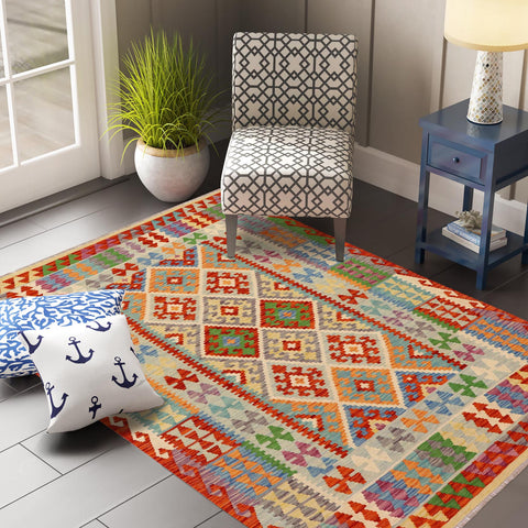 handmade Geometric Kilim Rust Blue Hand-Woven RECTANGLE 100% WOOL area rug 5 x 7
