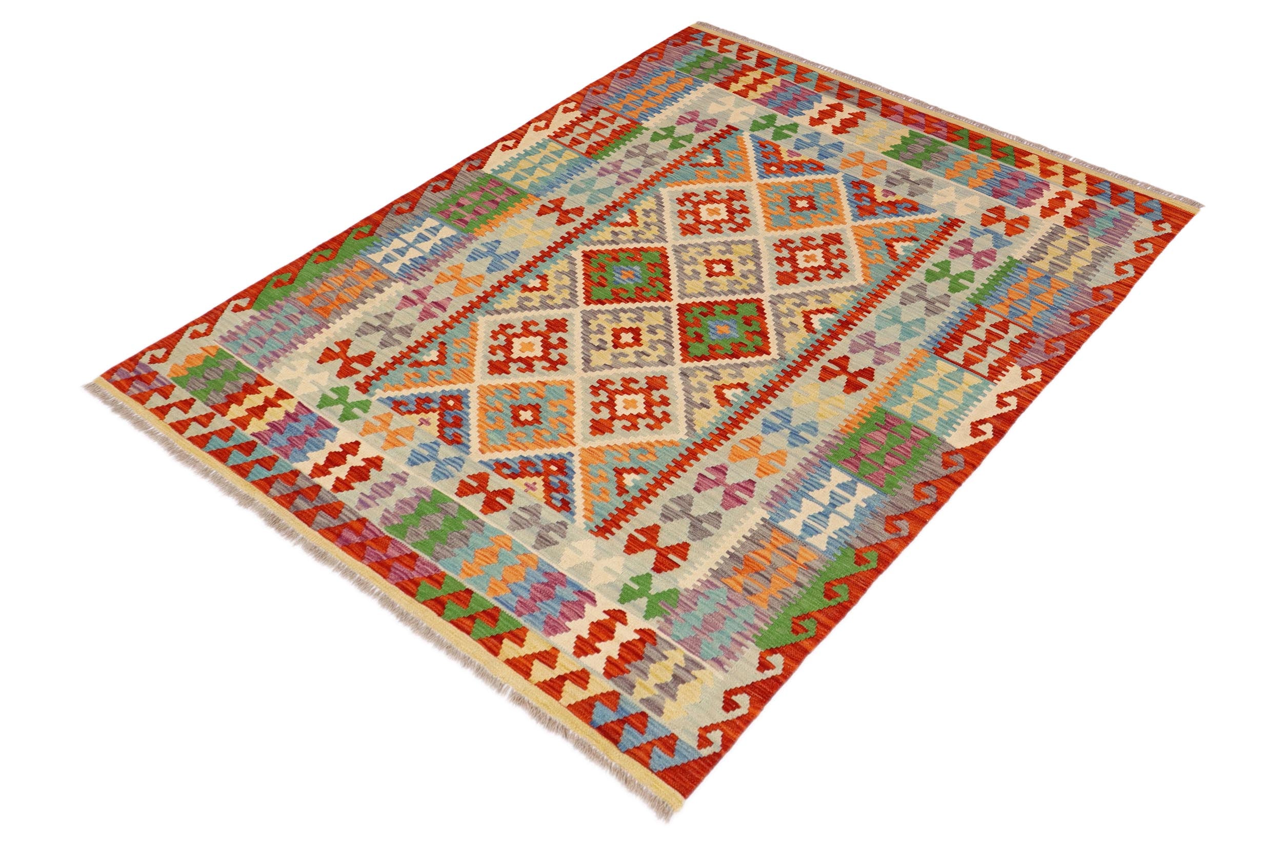 handmade Geometric Kilim Rust Blue Hand-Woven RECTANGLE 100% WOOL area rug 5 x 7