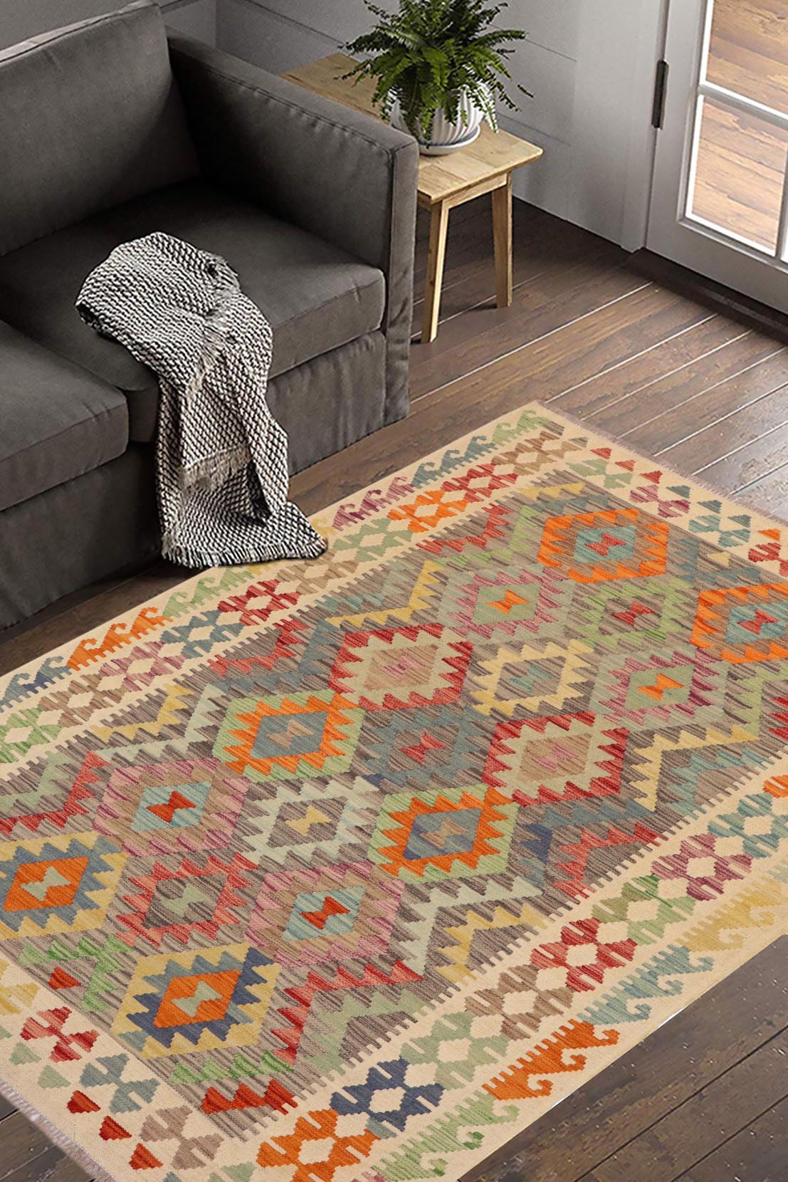 handmade Geometric Kilim Gray Beige Hand-Woven RECTANGLE 100% WOOL area rug 5x6