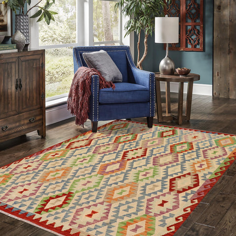 handmade Geometric Kilim Beige Rust Hand-Woven RECTANGLE 100% WOOL area rug 6 x 7