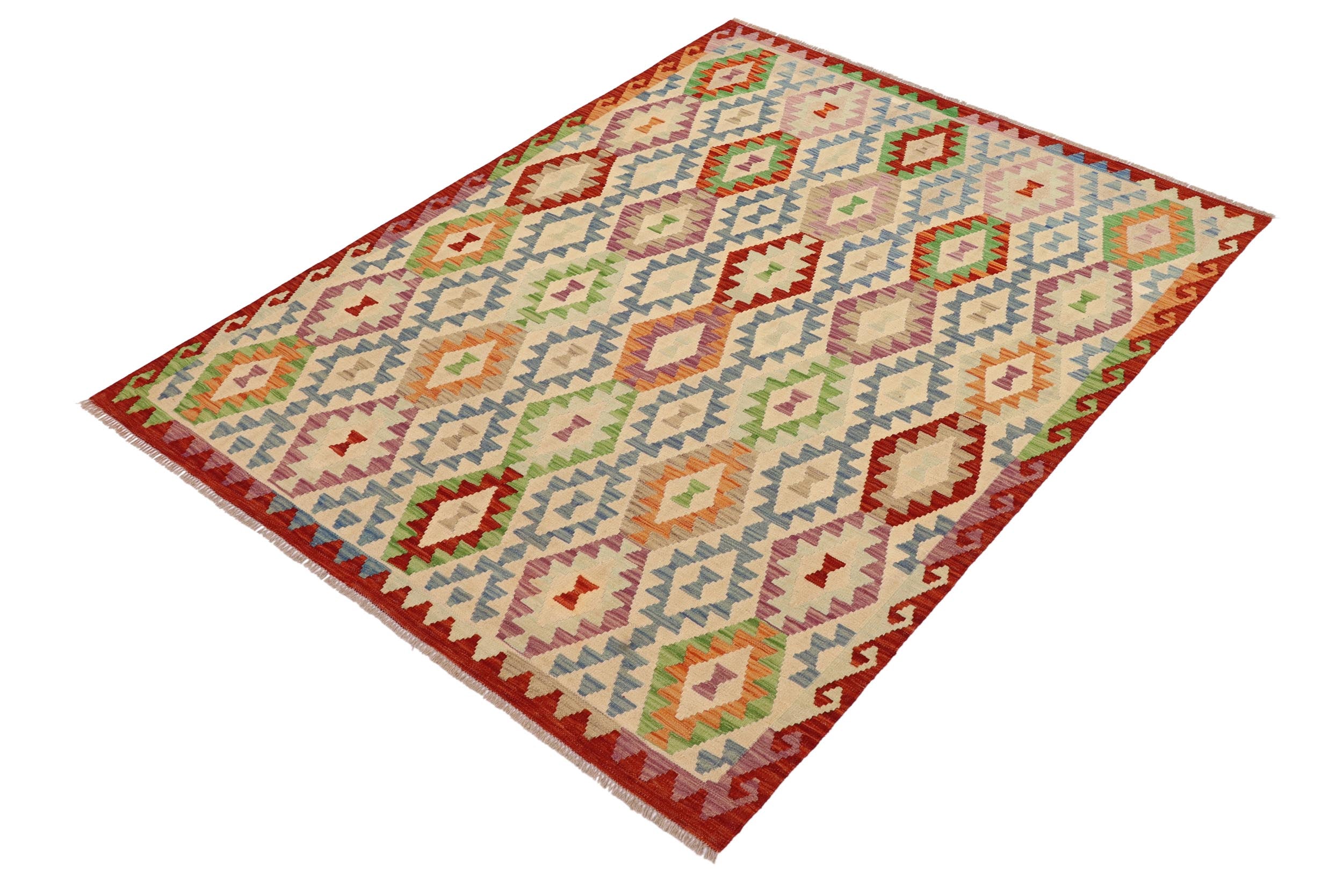 handmade Geometric Kilim Beige Rust Hand-Woven RECTANGLE 100% WOOL area rug 6 x 7