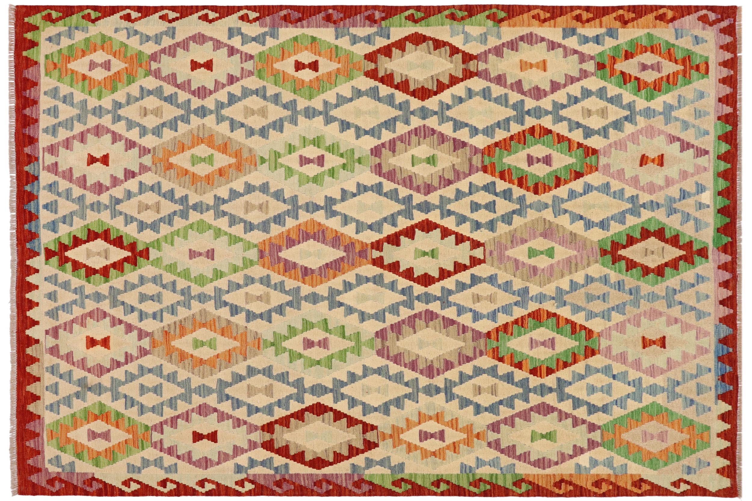 handmade Geometric Kilim Beige Rust Hand-Woven RECTANGLE 100% WOOL area rug 6 x 7