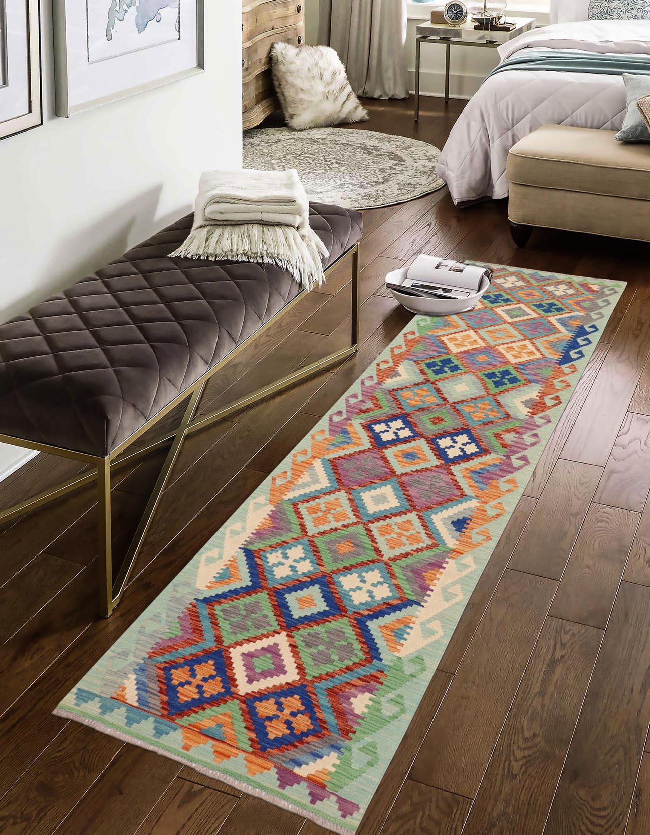 handmade Geometric Kilim Rust Blue Hand-Woven RUNNER 100% WOOL area rug 3 x 10