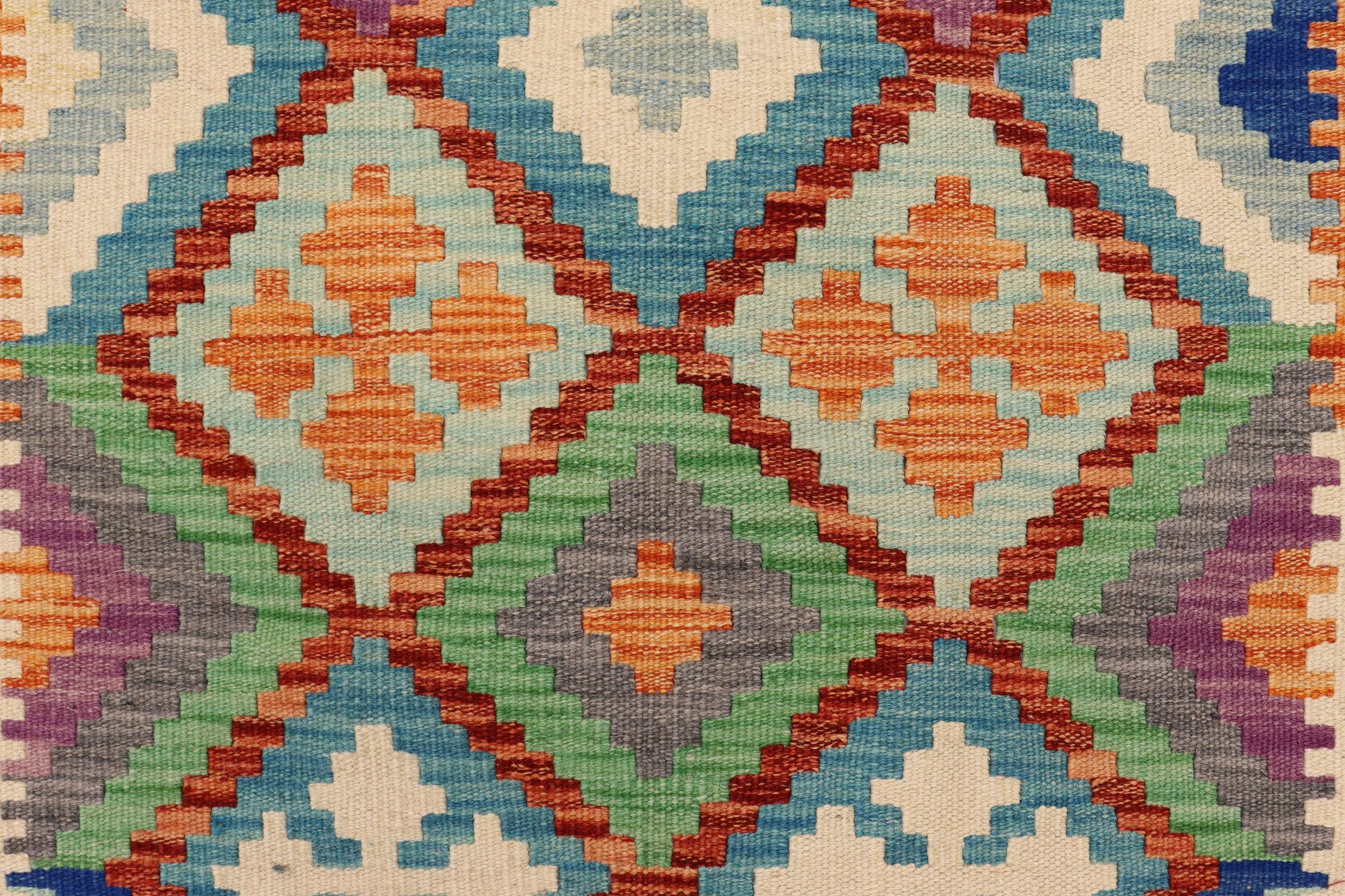 handmade Geometric Kilim Rust Blue Hand-Woven RUNNER 100% WOOL area rug 3 x 10