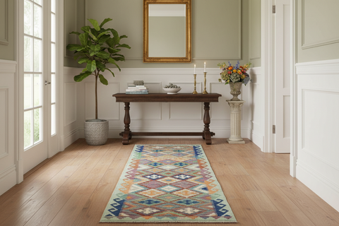 handmade Geometric Kilim Rust Blue Hand-Woven RUNNER 100% WOOL area rug 3 x 10