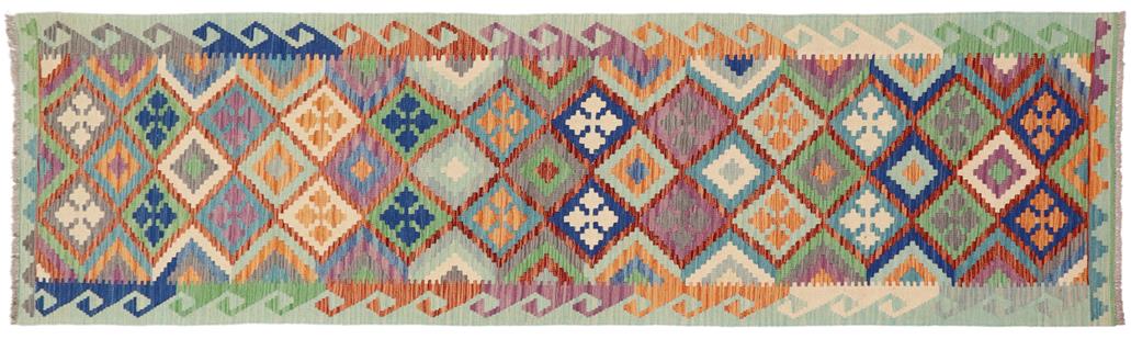 Flat Weave Kilim Antique Navaho Vintage handmade Geometric Kilim Rust Blue Hand-Woven Runner 100% Wool Area Rug 3x10 