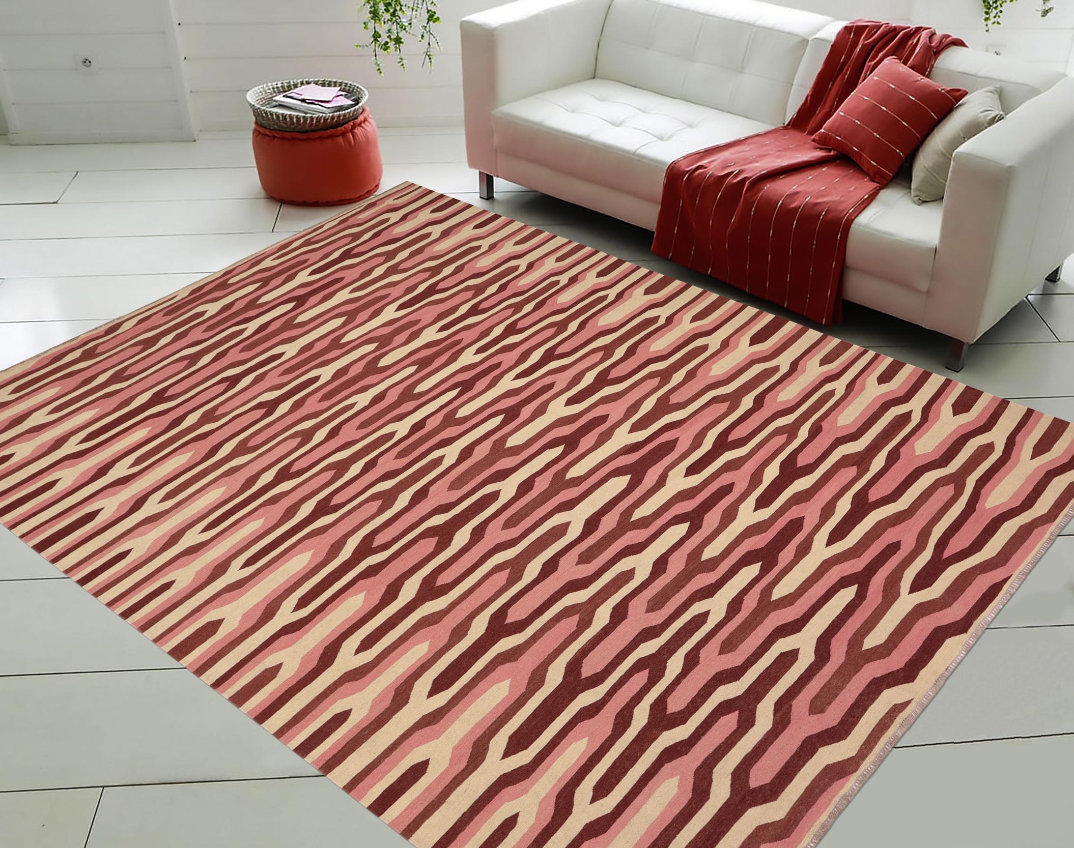 handmade Modern Kilim Beige Maroon Hand-Woven RECTANGLE 100% WOOL area rug 9x12