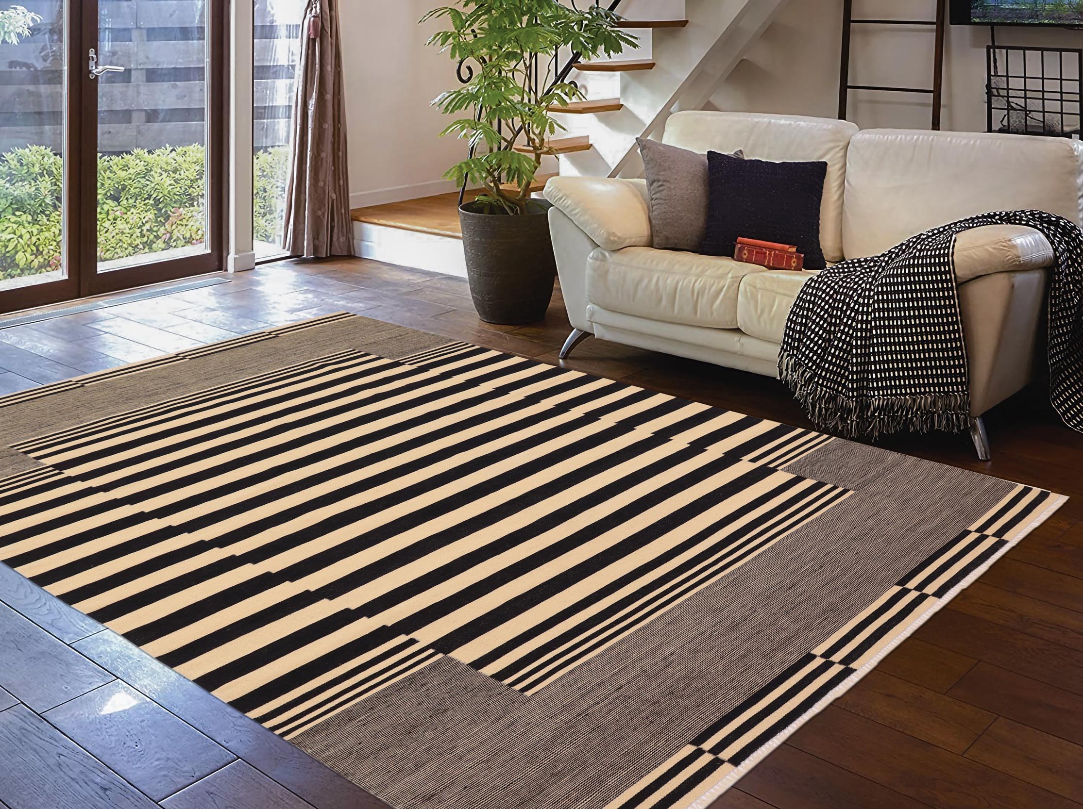 handmade Modern Kilim Beige Black Hand-Woven RECTANGLE 100% WOOL area rug 7 x 11