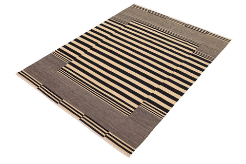handmade Modern Kilim Beige Black Hand-Woven RECTANGLE 100% WOOL area rug 7 x 11