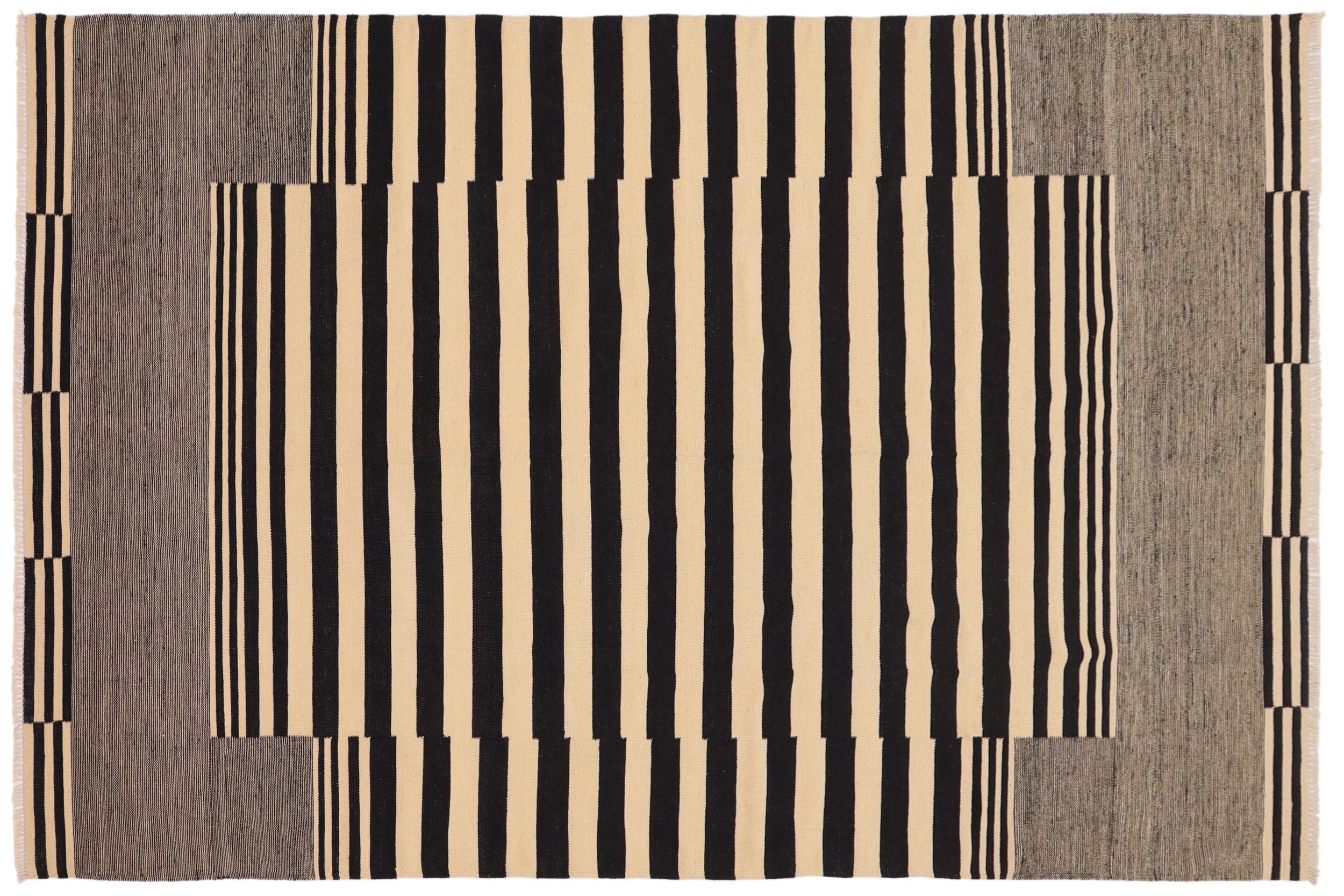 handmade Modern Kilim Beige Black Hand-Woven RECTANGLE 100% WOOL area rug 7 x 11