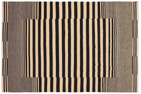 handmade Modern Kilim Beige Black Hand-Woven RECTANGLE 100% WOOL area rug 7 x 11