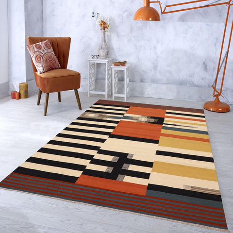 handmade Modern Kilim Beige Rust Hand-Woven RECTANGLE 100% WOOL area rug 8x10