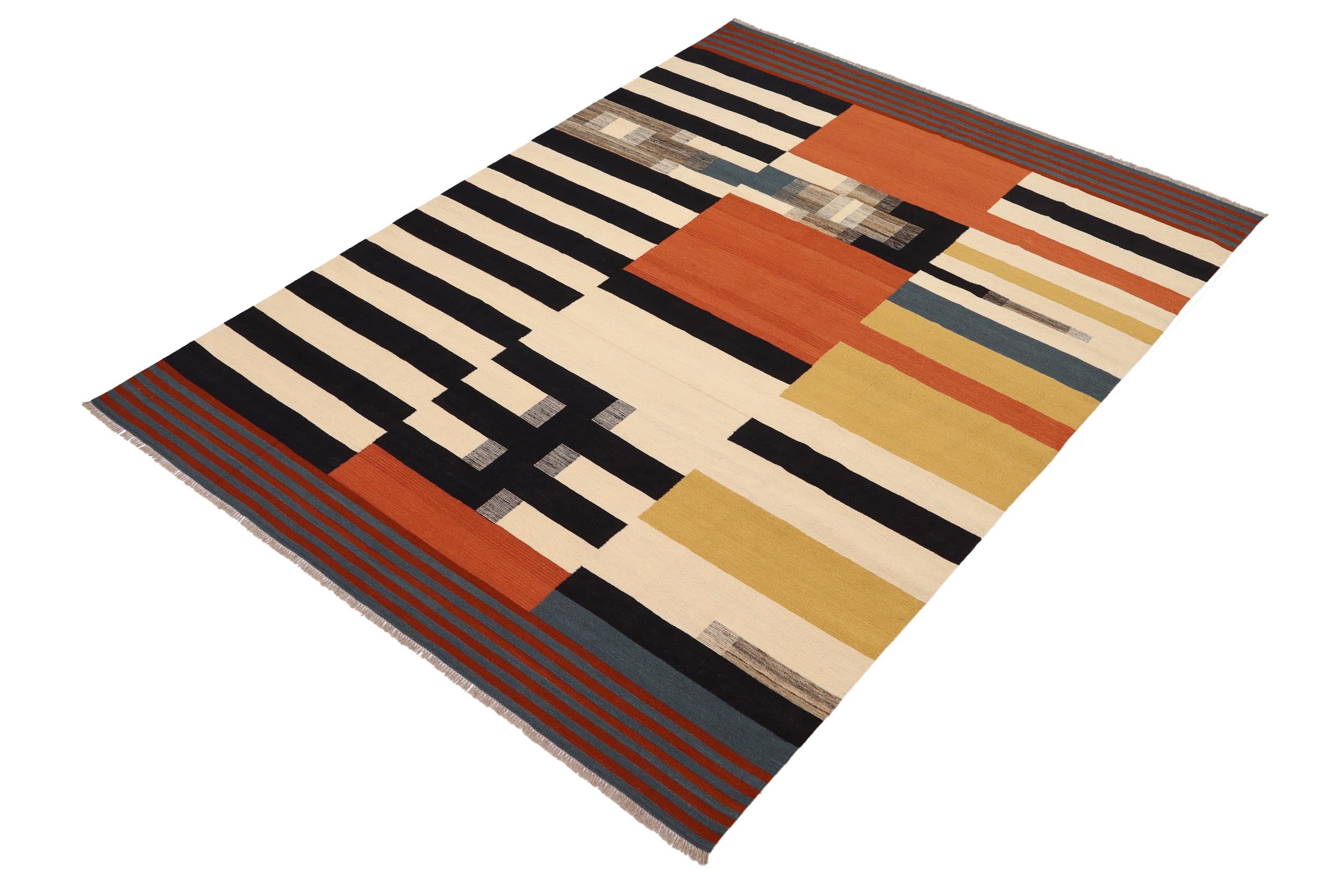 handmade Modern Kilim Beige Rust Hand-Woven RECTANGLE 100% WOOL area rug 8x10