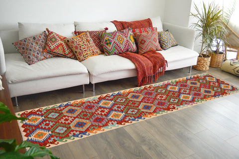 handmade Geometric Kilim Rust Beige Hand-Woven RUNNER 100% WOOL area rug 3 x 13