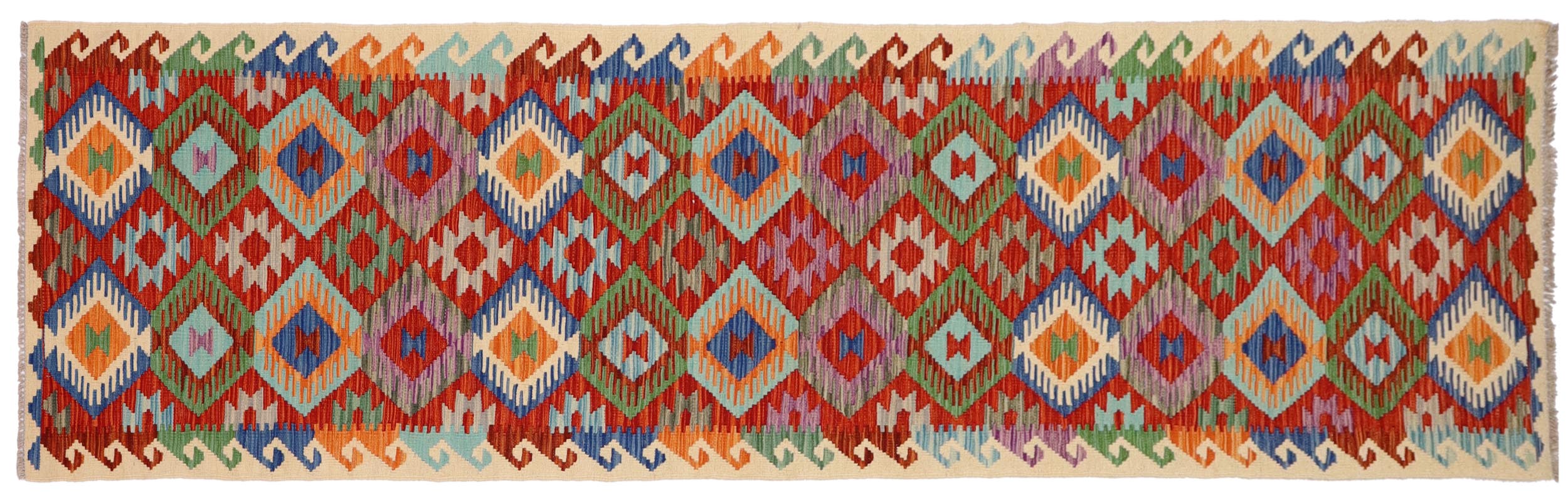 handmade Geometric Kilim Rust Beige Hand-Woven RUNNER 100% WOOL area rug 3 x 13