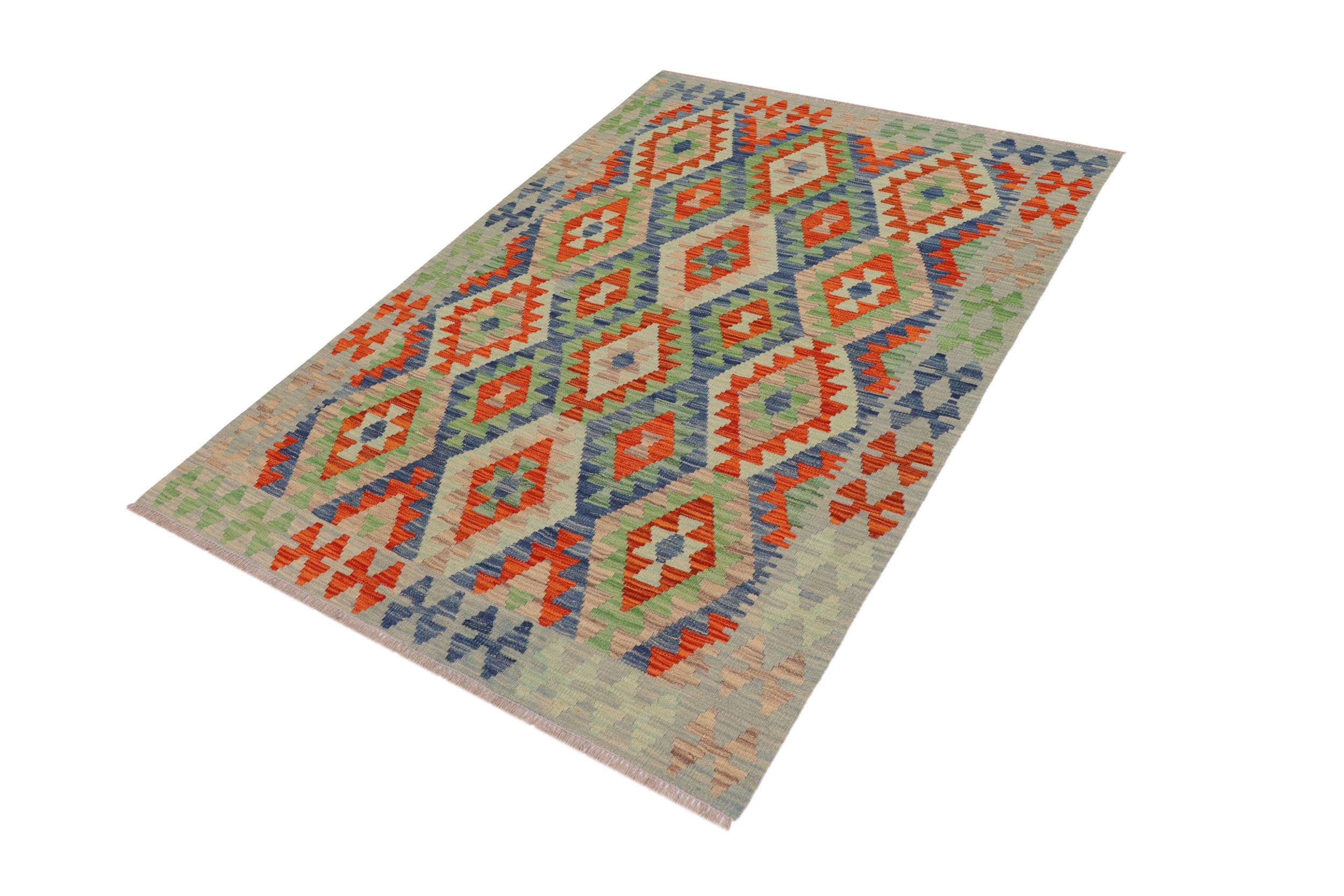 handmade Geometric Kilim Blue Rust Hand-Woven RECTANGLE 100% WOOL area rug 4 x 6