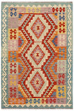 Flat Weave Kilim Antique Navaho Vintage handmade Geometric Kilim Rust Blue Hand-Woven Rectangle 100% Wool Area Rug 4x6 