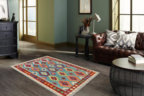 handmade Geometric Kilim Blue Rust Hand-Woven RECTANGLE 100% WOOL area rug 5 x 7