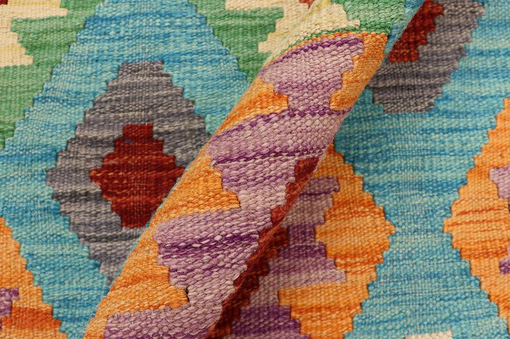 Flat Weave Kilim Antique Navaho Vintage handmade Geometric Kilim Blue Rust Hand-Woven Rectangle 100% Wool Area Rug 5x7 