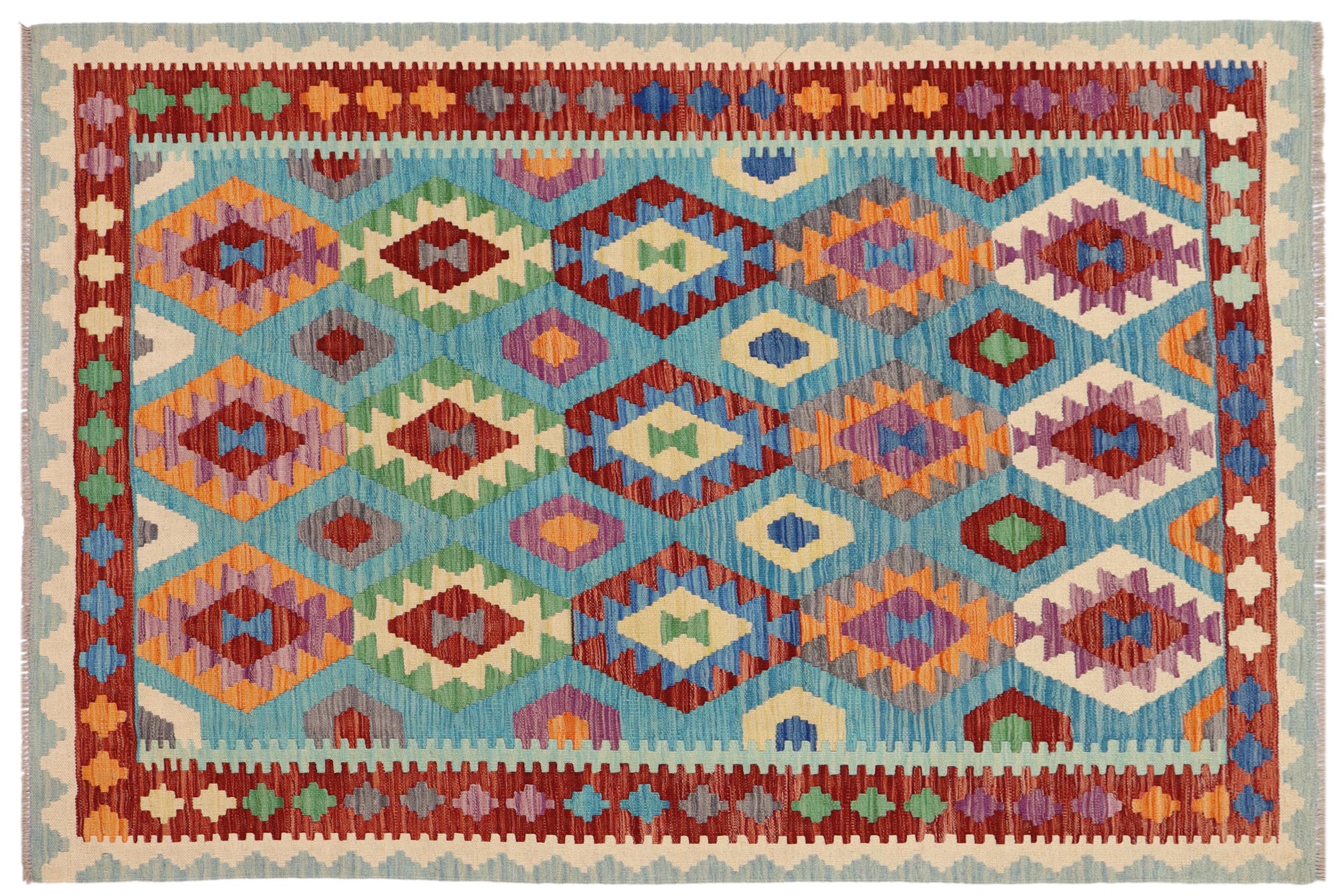 handmade Geometric Kilim Blue Rust Hand-Woven RECTANGLE 100% WOOL area rug 5 x 7