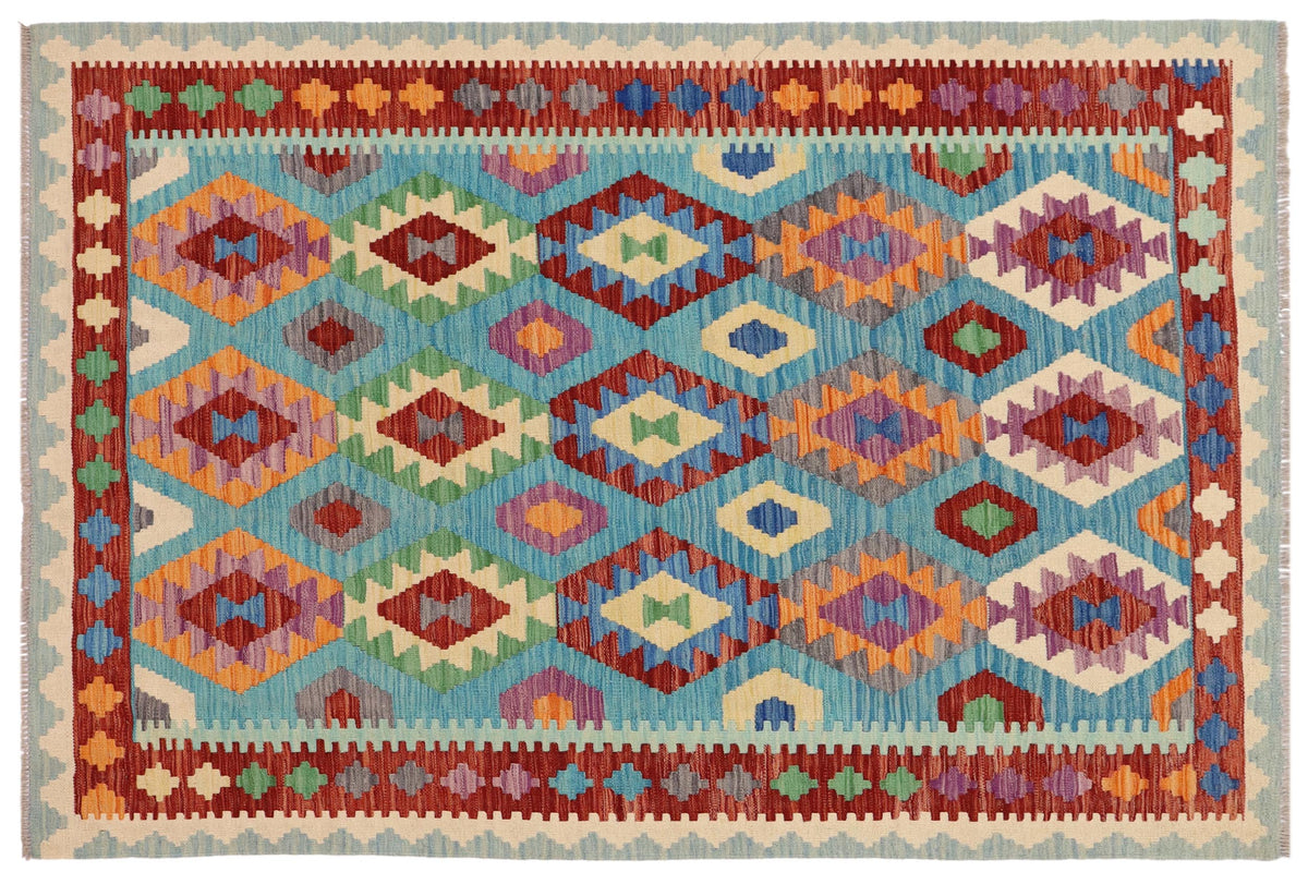 handmade Geometric Kilim Blue Rust Hand-Woven RECTANGLE 100% WOOL area rug 5 x 7