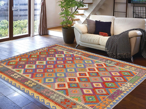 handmade Geometric Kilim Rust Gray Hand-Woven RECTANGLE 100% WOOL area rug 7 x 10