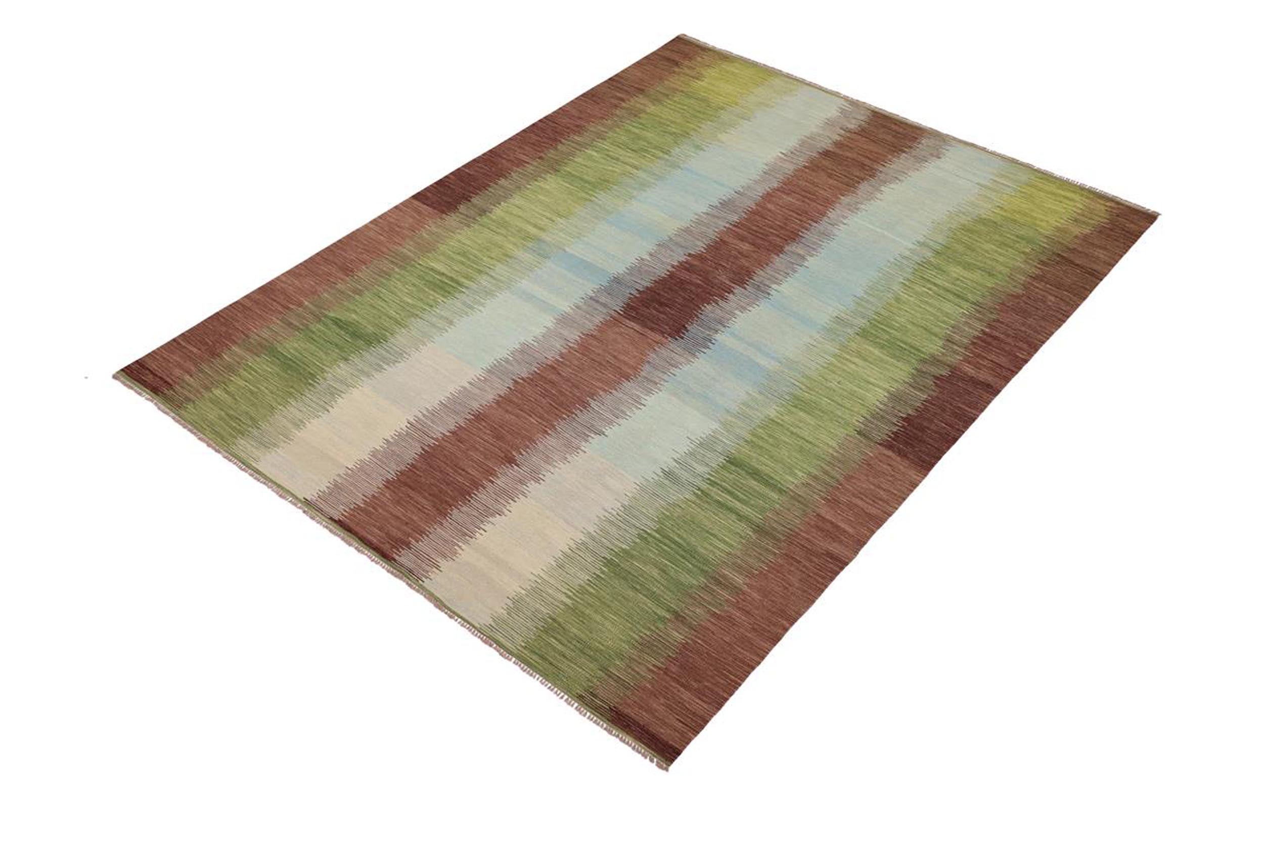 handmade Modern Kilim Blue Brown Hand-Woven RECTANGLE 100% WOOL area rug 8x11