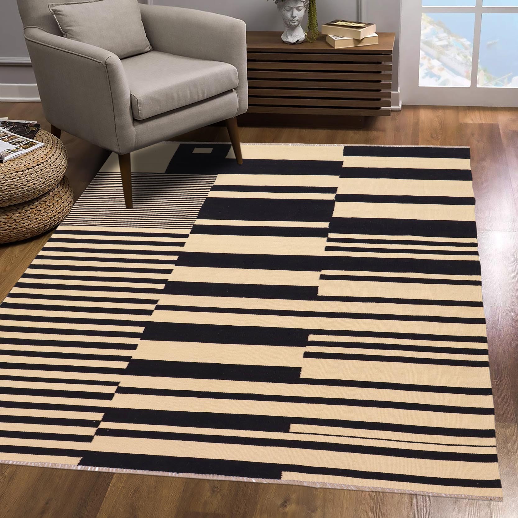 handmade Modern Kilim Beige Black Hand-Woven RECTANGLE 100% WOOL area rug 6 x 8