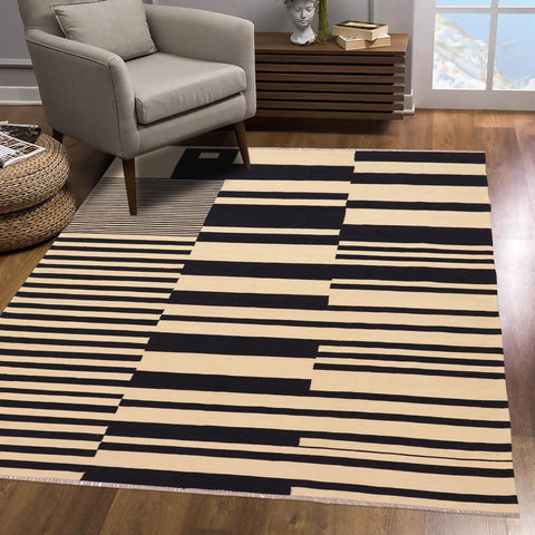 handmade Modern Kilim Beige Black Hand-Woven RECTANGLE 100% WOOL area rug 6 x 8