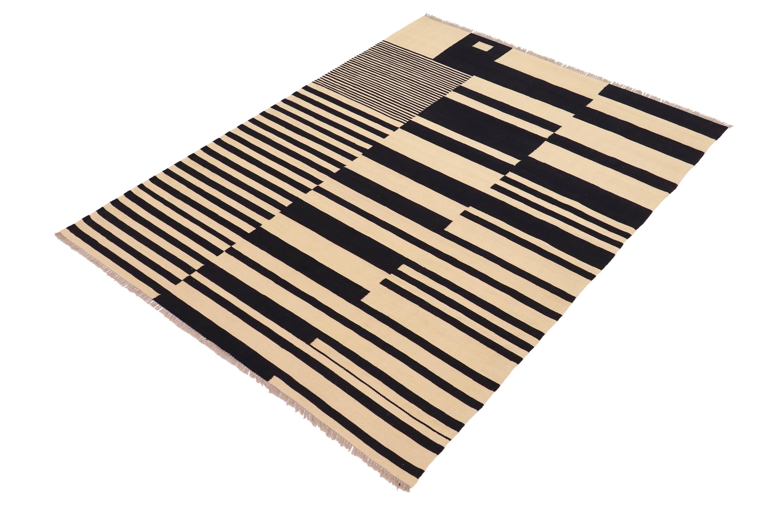 handmade Modern Kilim Beige Black Hand-Woven RECTANGLE 100% WOOL area rug 6 x 8