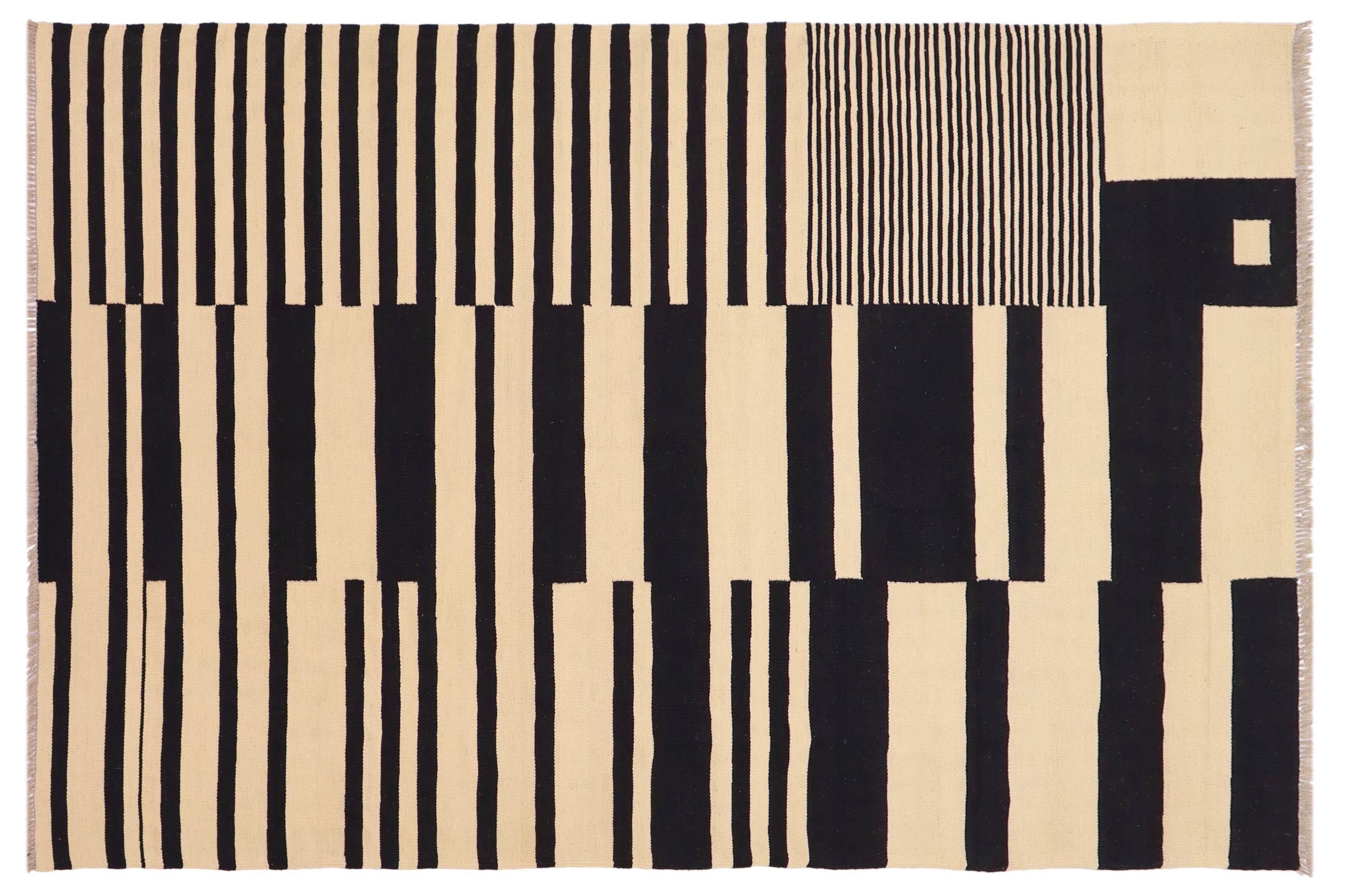 handmade Modern Kilim Beige Black Hand-Woven RECTANGLE 100% WOOL area rug 6 x 8