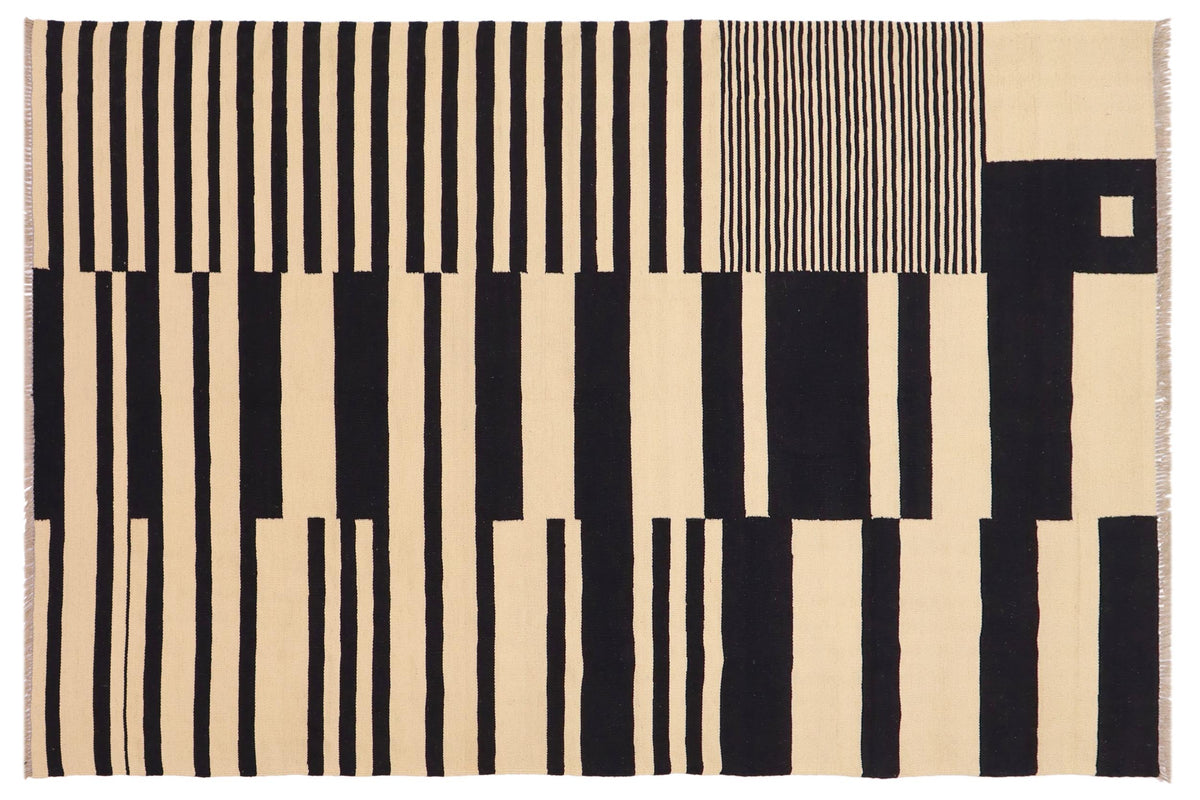 handmade Modern Kilim Beige Black Hand-Woven RECTANGLE 100% WOOL area rug 6 x 8