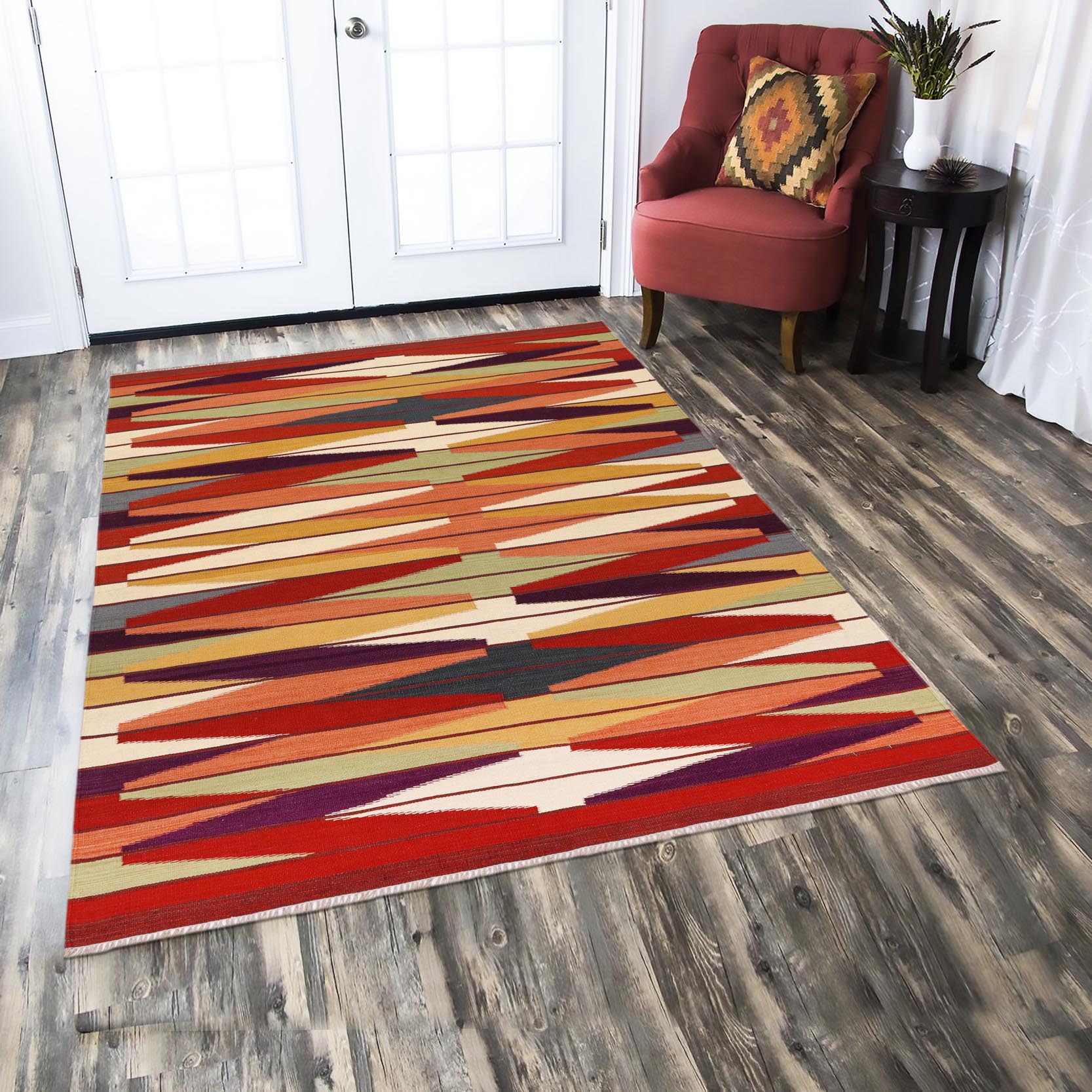handmade Modern Kilim Rust Beige Hand-Woven RECTANGLE 100% WOOL area rug 5x8
