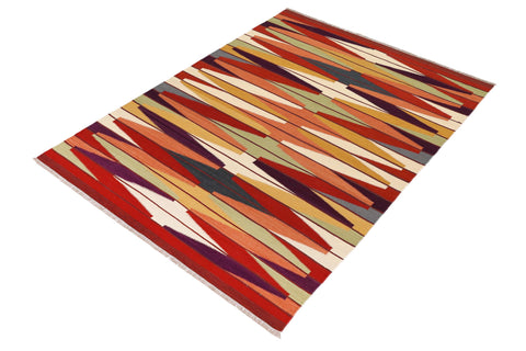 handmade Modern Kilim Rust Beige Hand-Woven RECTANGLE 100% WOOL area rug 5x8