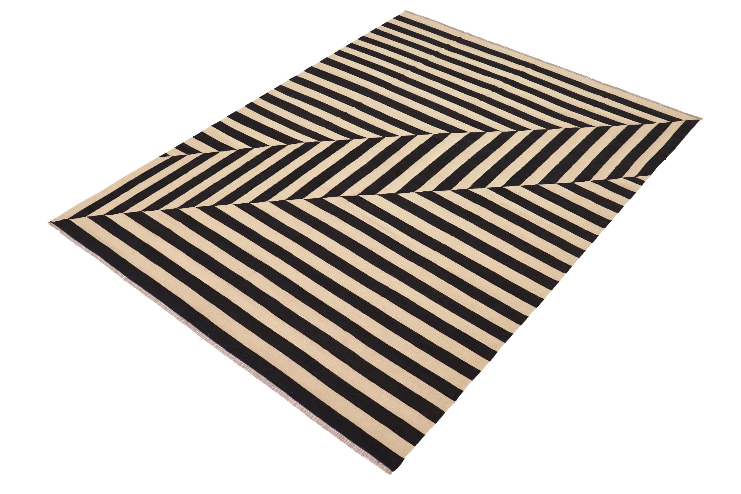 handmade Modern Kilim Beige Black Hand-Woven RECTANGLE 100% WOOL area rug 8 x 10