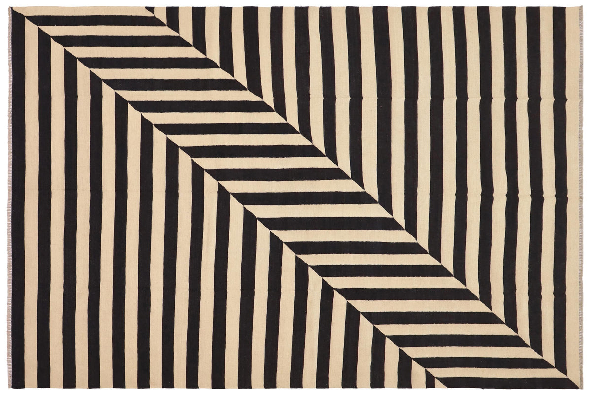 handmade Modern Kilim Beige Black Hand-Woven RECTANGLE 100% WOOL area rug 8 x 10