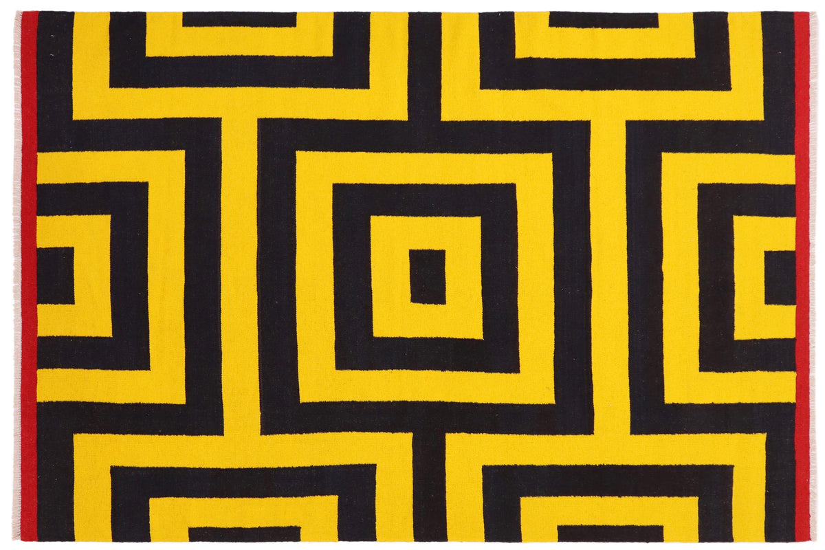 handmade Modern Kilim Gold Black Hand-Woven RECTANGLE 100% WOOL area rug 6 x 8