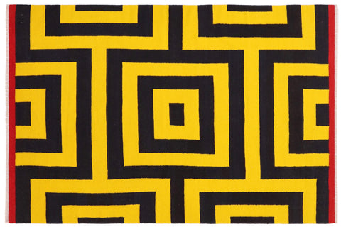 handmade Modern Kilim Gold Black Hand-Woven RECTANGLE 100% WOOL area rug 6 x 8