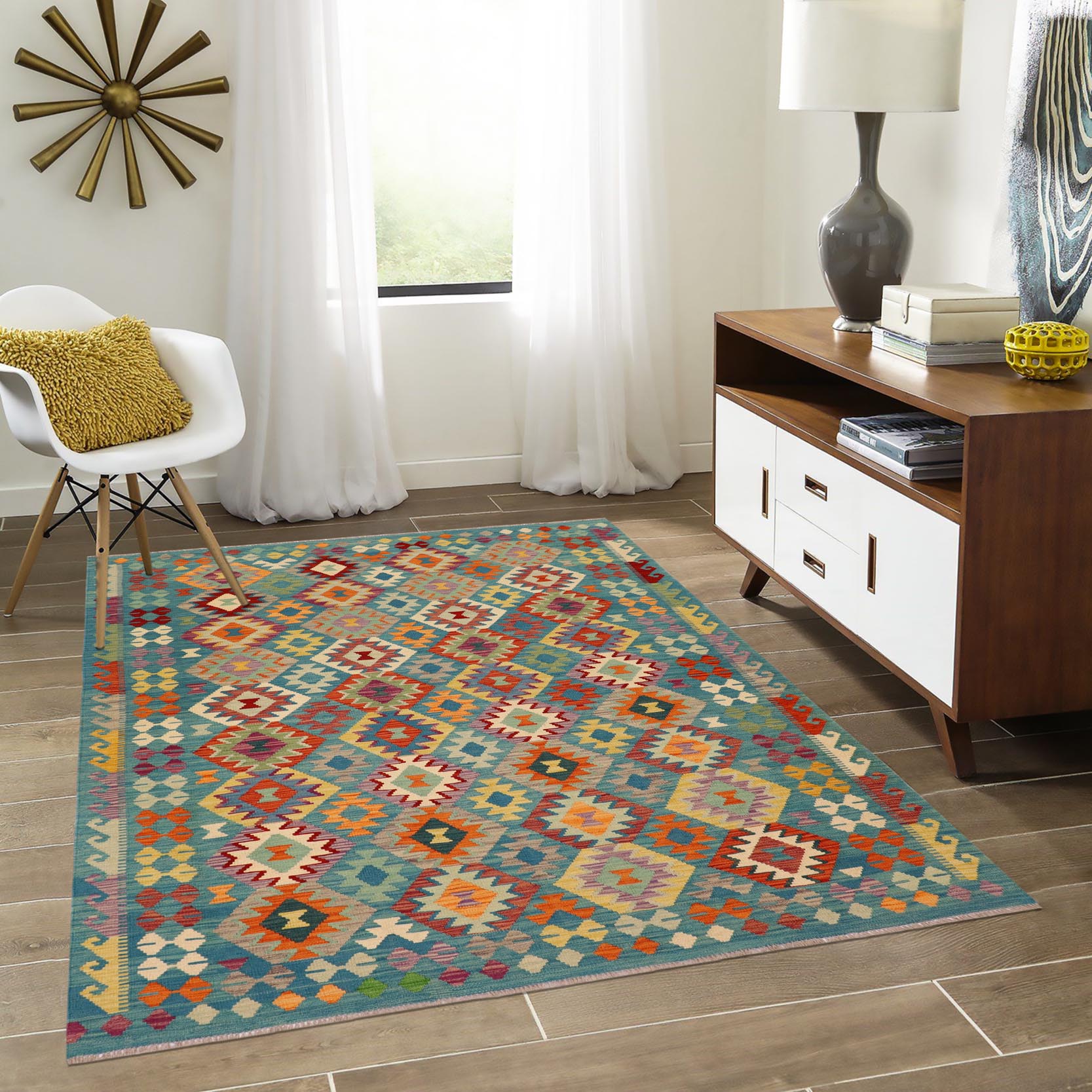 handmade Geometric Kilim Blue Rust Hand-Woven RECTANGLE 100% WOOL area rug 6 x 8
