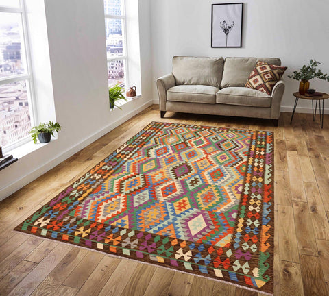 handmade Geometric Kilim Rust Brown Hand-Woven RECTANGLE 100% WOOL area rug 7 x 10