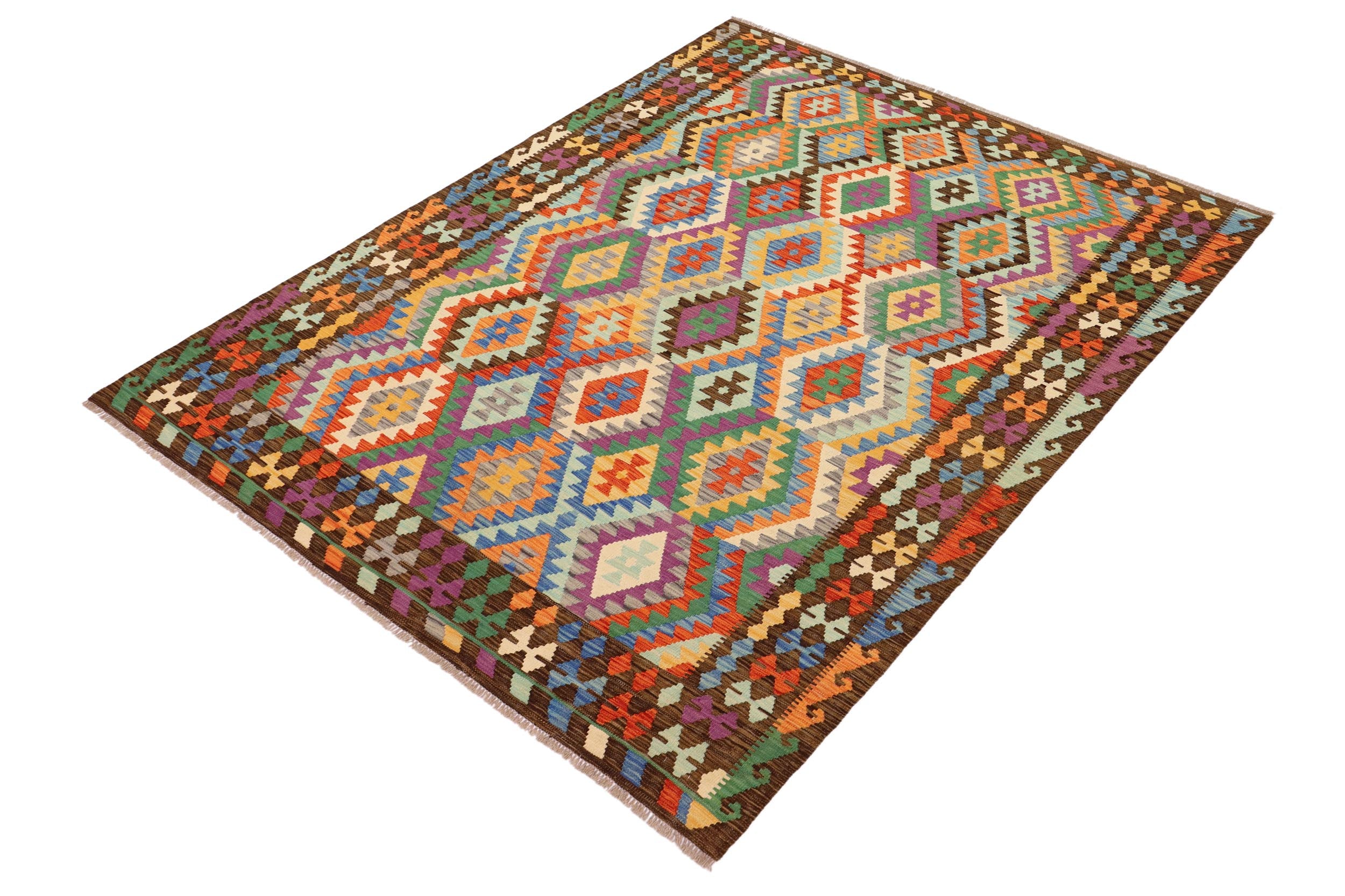 handmade Geometric Kilim Rust Brown Hand-Woven RECTANGLE 100% WOOL area rug 7 x 10