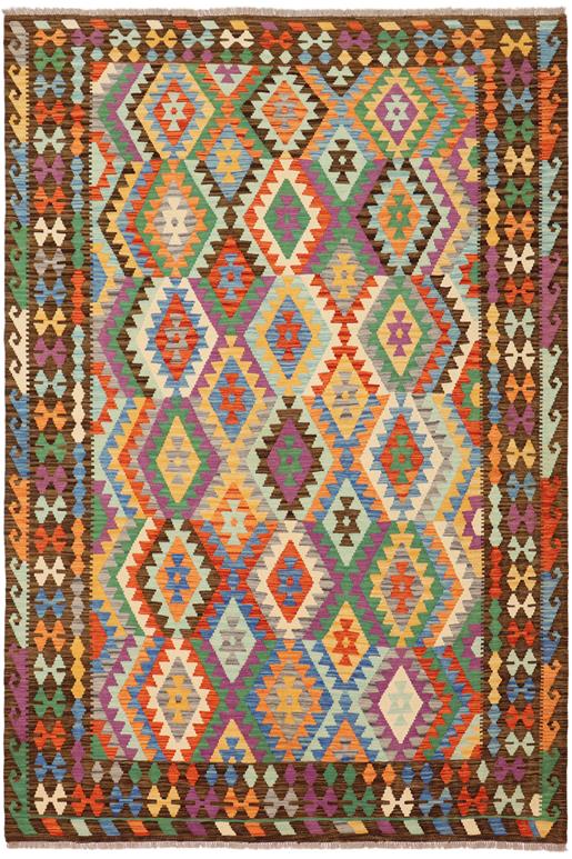 Flat Weave Kilim Antique Navaho Vintage handmade Geometric Kilim Rust Brown Hand-Woven Rectangle 100% Wool Area Rug 7x10 