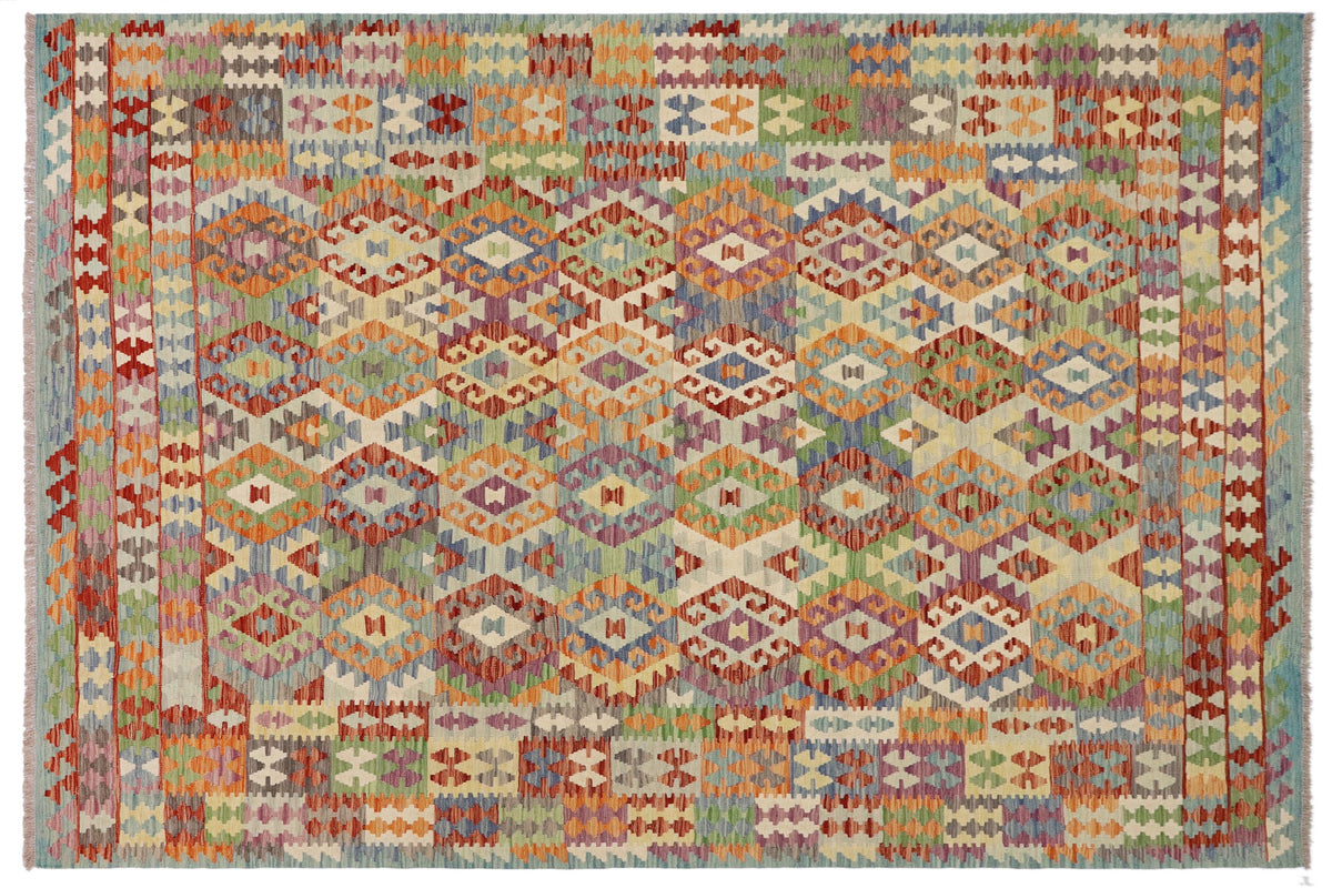 handmade Geometric Kilim Rust Blue Hand-Woven RECTANGLE 100% WOOL area rug 8 x 10