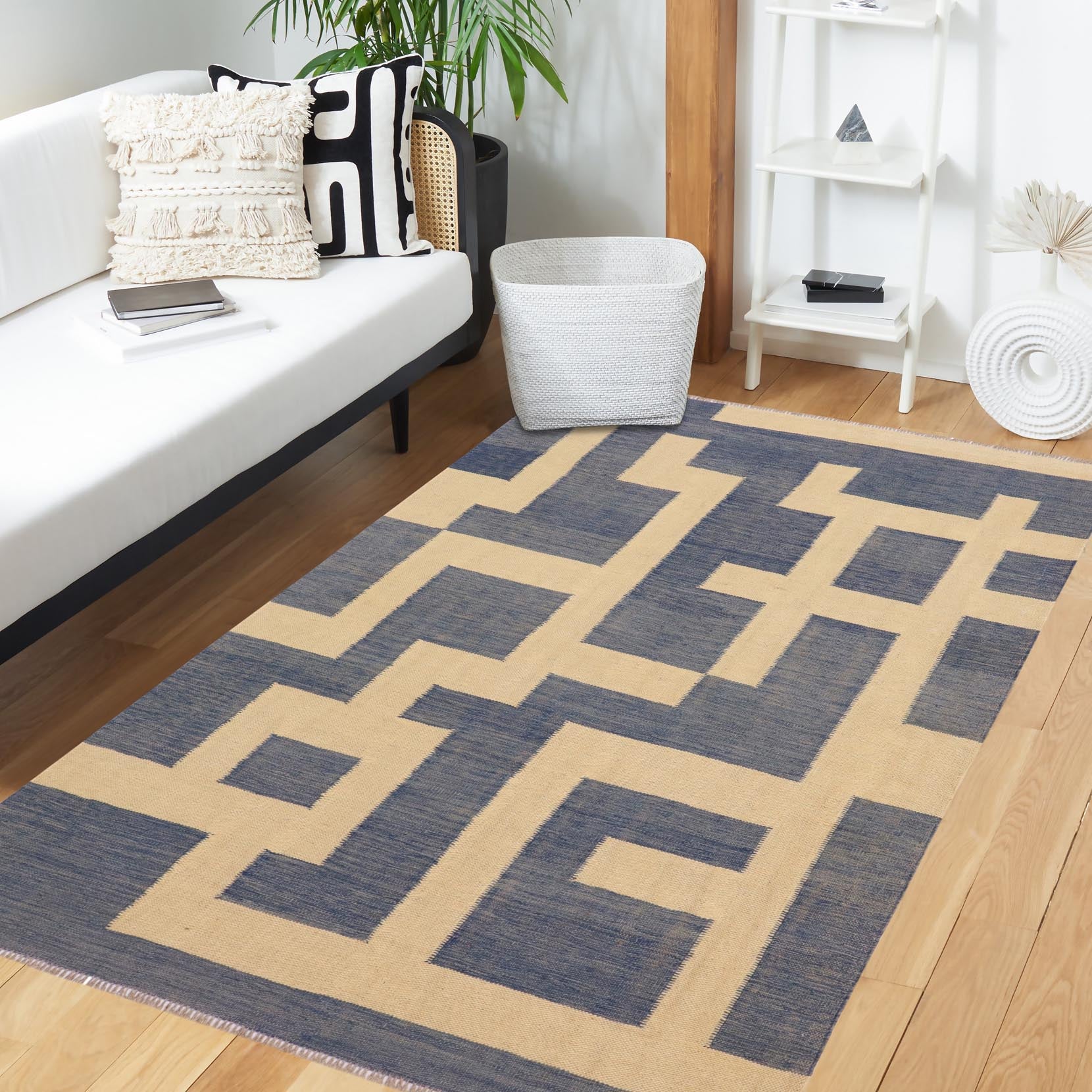handmade Modern Kilim Blue Beige Hand-Woven RECTANGLE 100% WOOL area rug 5 x 6