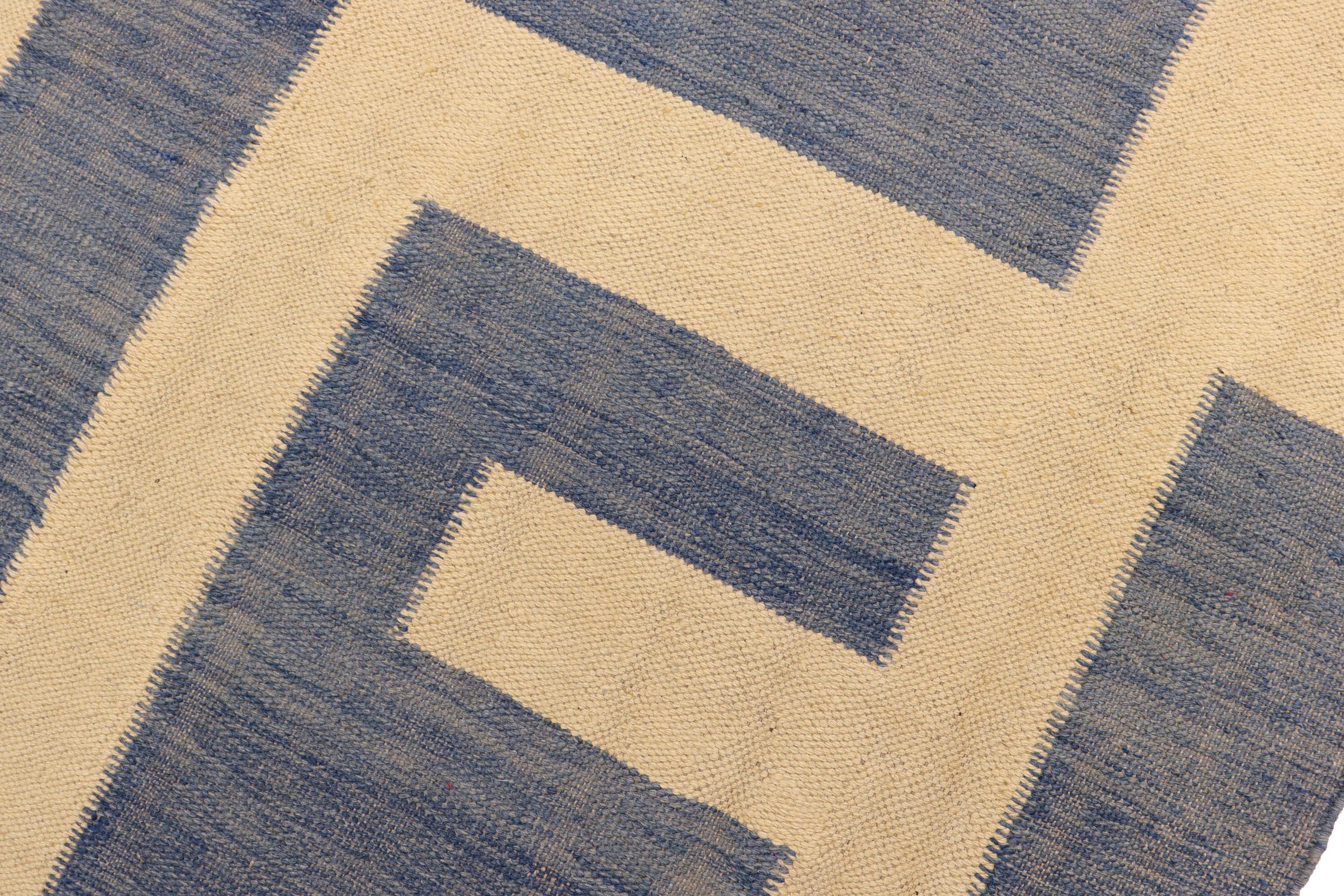 handmade Modern Kilim Blue Beige Hand-Woven RECTANGLE 100% WOOL area rug 5 x 6