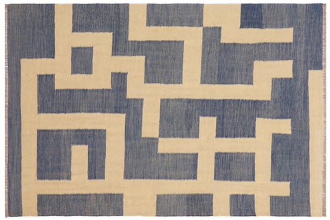 handmade Modern Kilim Blue Beige Hand-Woven RECTANGLE 100% WOOL area rug 5 x 6
