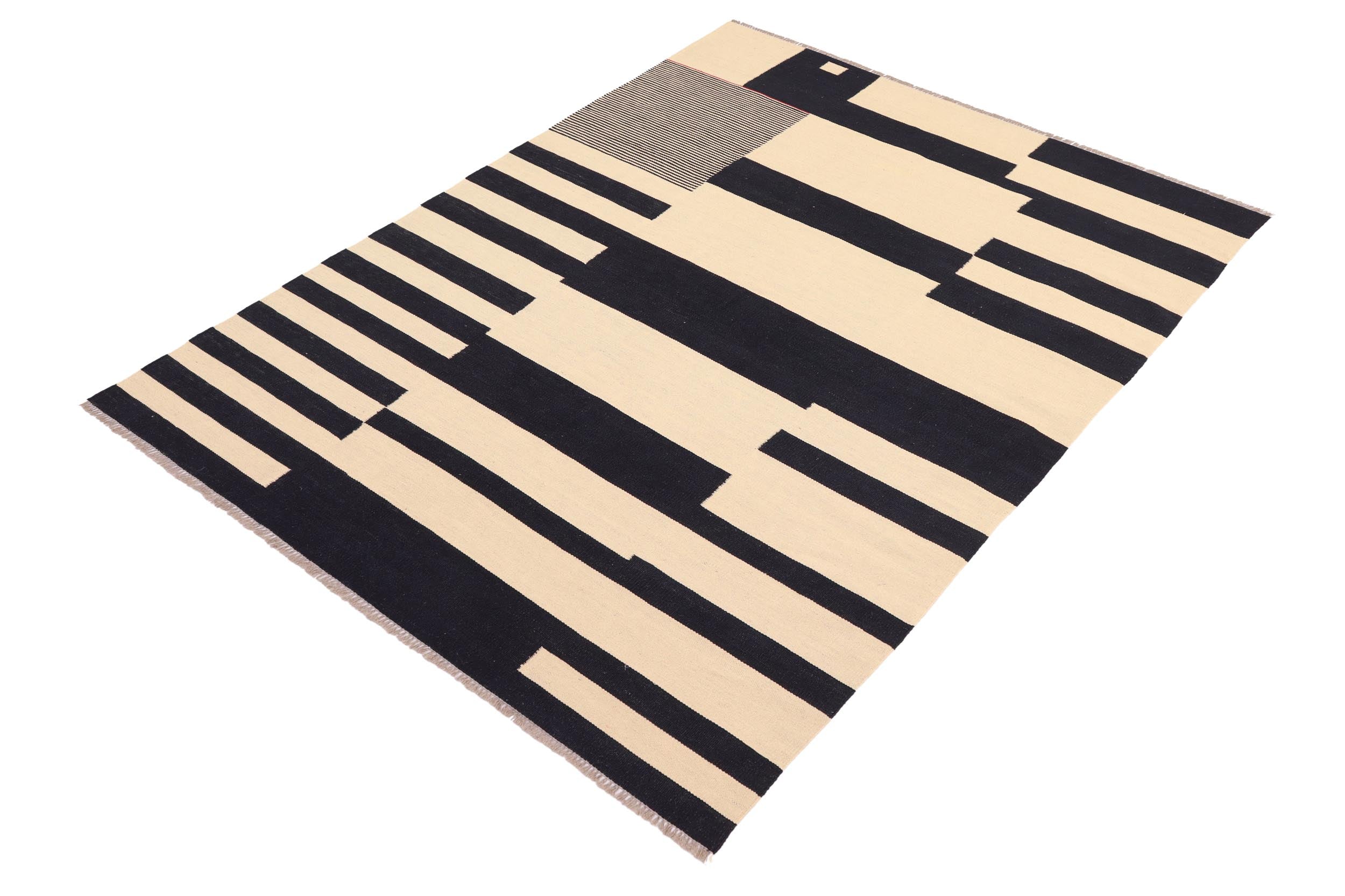 handmade Modern Kilim Beige Black Hand-Woven RECTANGLE 100% WOOL area rug 5 x 8