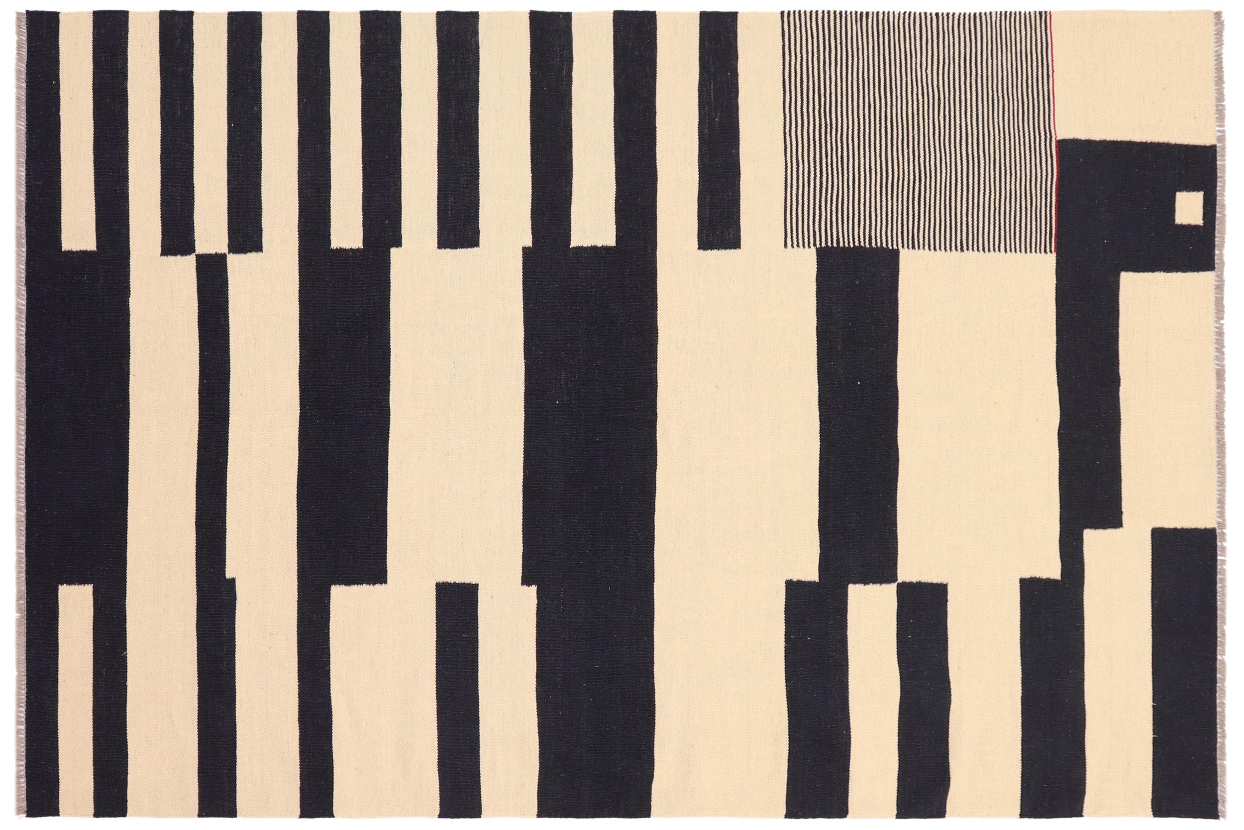 handmade Modern Kilim Beige Black Hand-Woven RECTANGLE 100% WOOL area rug 5 x 8