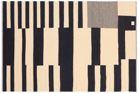 handmade Modern Kilim Beige Black Hand-Woven RECTANGLE 100% WOOL area rug 5 x 8