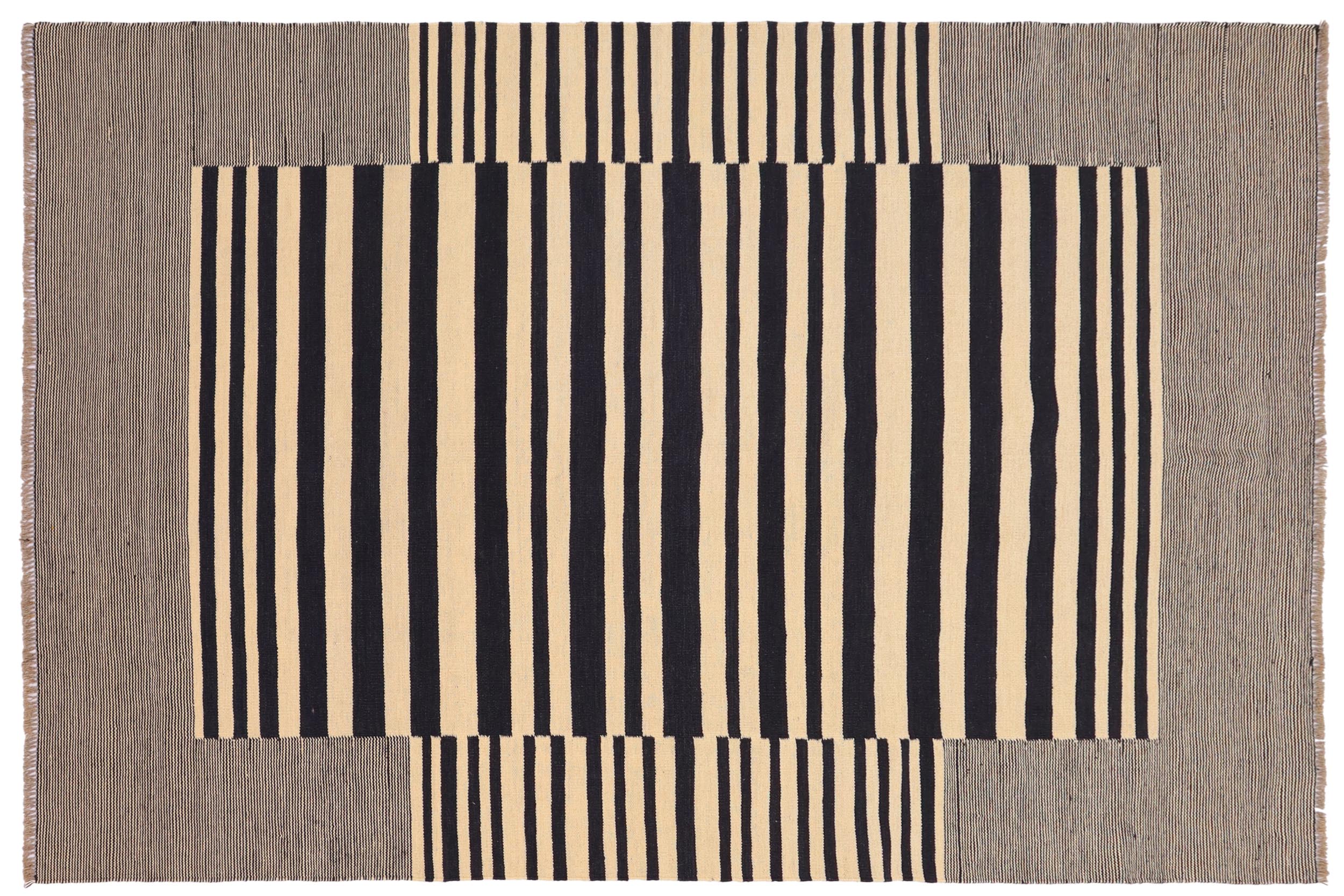 handmade Modern Kilim Beige Black Hand-Woven RECTANGLE 100% WOOL area rug 6 x 8